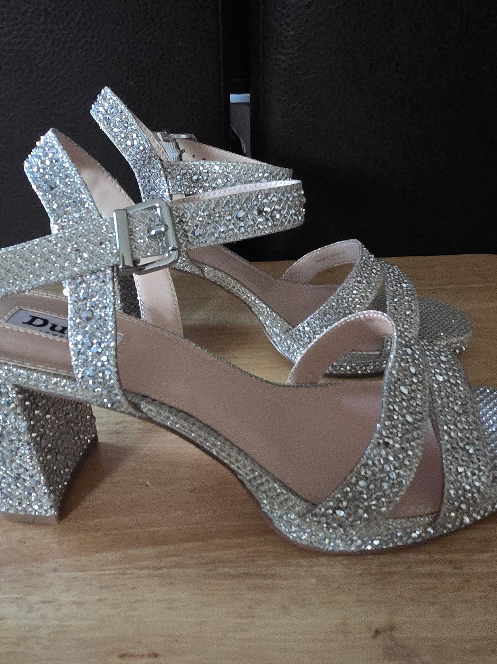 Dune London rhinestone ankle strap block heel sandal (silver)  Size 40 US 10